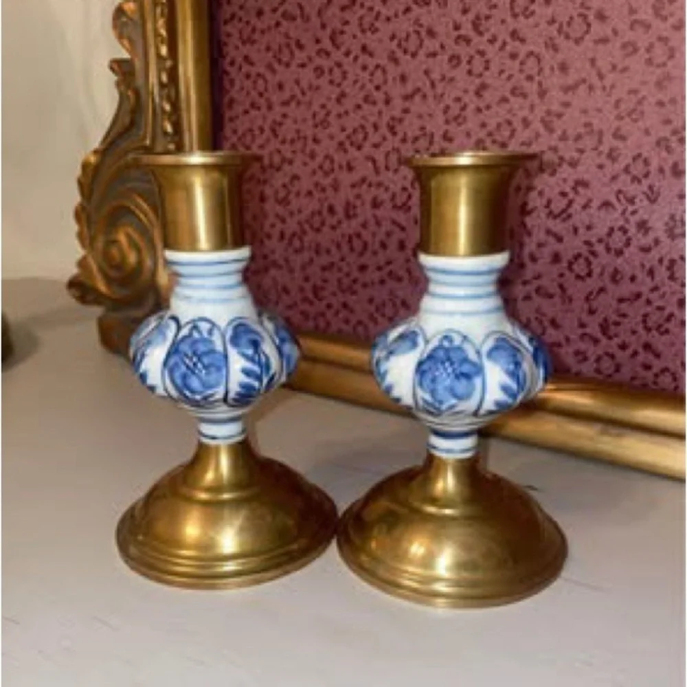 Solid Brass Delft Floral Blue White Porcelain2/  Taper 5” Candlestick Holders